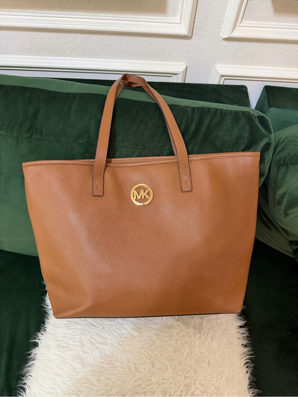 Michael Kors Cognac Leather Tote with Gold MK Emblem